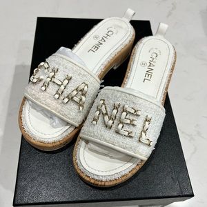 AUTHENTIC Chanel Tweed and Cork Mules